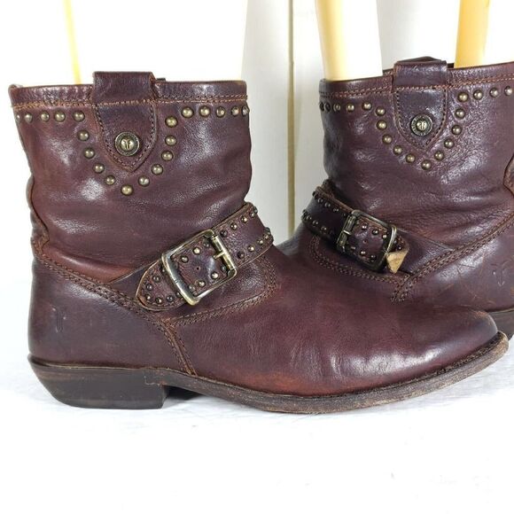 Frye Women's US 8B Brown Leather Studded Strap ankle Western Boots Booties - Picture 10 of 14